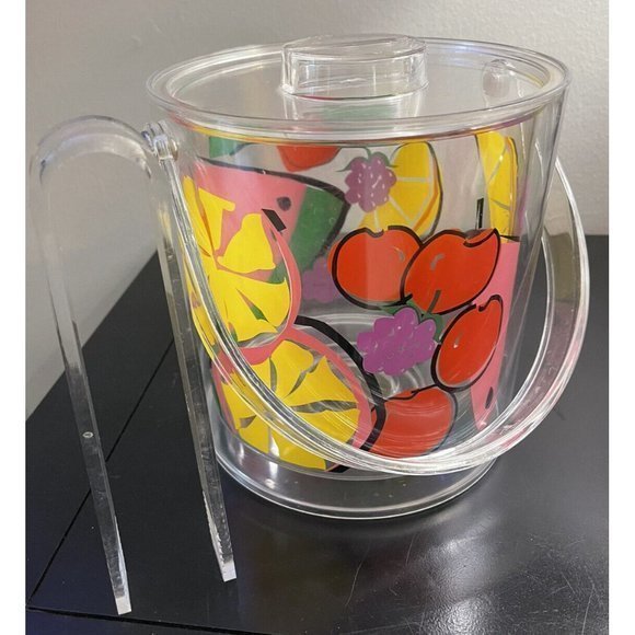 EUC Vintage 1990’s Ice Bucket Fruit Watermelon Acrylic Lucite Plastic Tongs Lid‎ - Picture 3 of 4